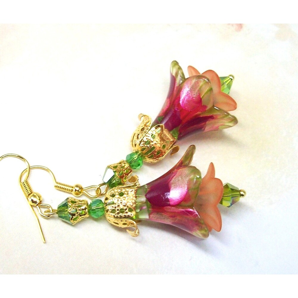 Boho Earrings Floral Jewelry, Gold, Multicolor, Hand Painted, Artisan Crafted Fl